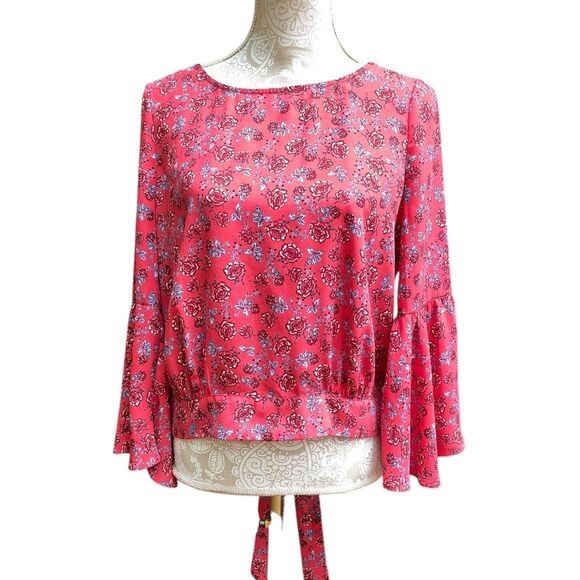 Jack by BB Dakota Red Floral Bell Sleeve Blouse M Tie Back Sheer Boho Romantic - Picture 2 of 12